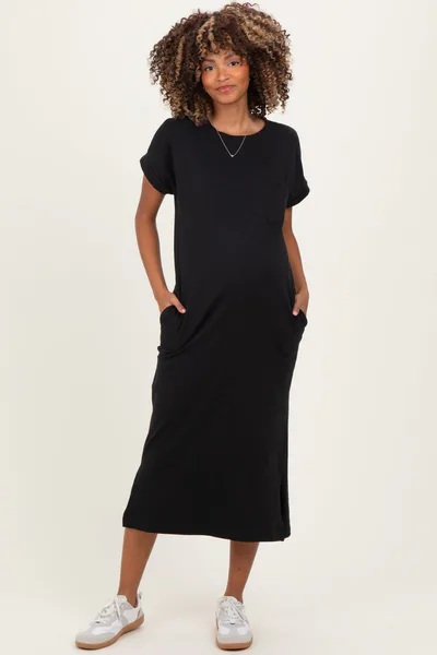 PinkBlush Black Pocket Front Maternity Midi T-Shirt Dress