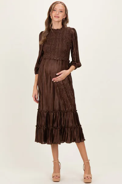 PinkBlush Brown Pleated Satin Smocked Bodice Maternity Midi Dress