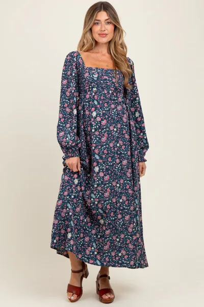 PinkBlush Navy Blue Floral Pleated Bust Long Sleeve Maternity Maxi Dress