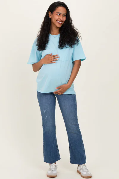 PinkBlush Light Blue Vintage Wash Raw Edge Pocket Maternity T-Shirt