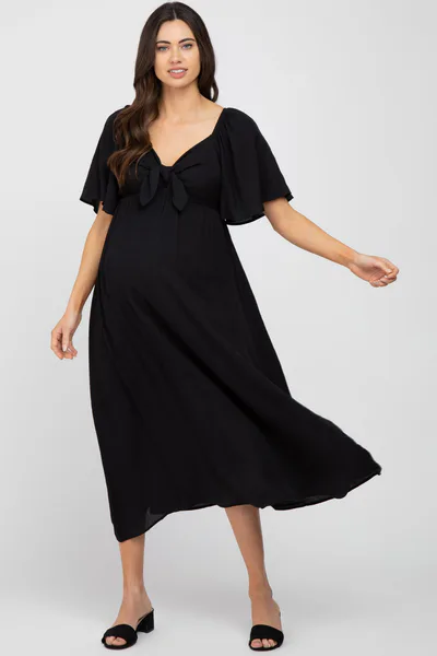 PinkBlush Black Front Tie Ruffle Sleeve Maternity Midi Dress