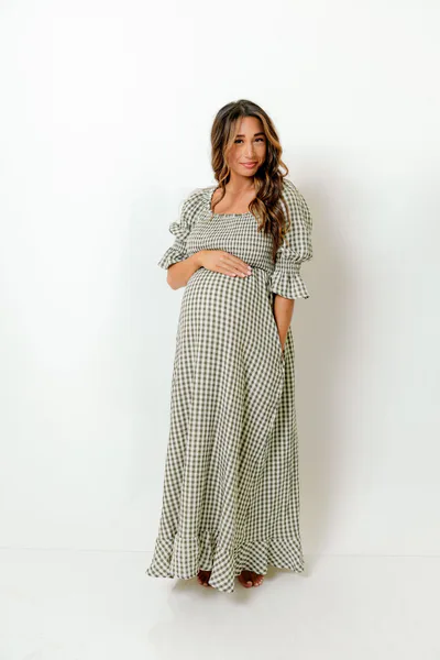 Worth Collective Sienna 100% Cotton Puff Sleeve Maxi Dress in Forest Plaid (Lined) - Bump Friendly