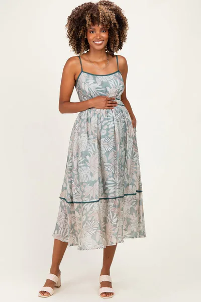 PinkBlush Dark Green Printed Cutout Tie Back Maternity Midi Dress
