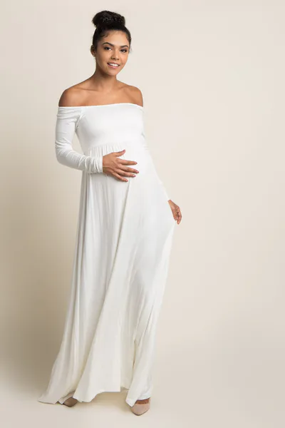 PinkBlush PinkBlush Ivory Solid Off Shoulder Maternity Maxi Dress