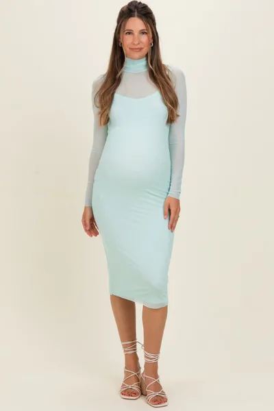PinkBlush Mint Mesh Overlay Fitted Maternity Midi Dress