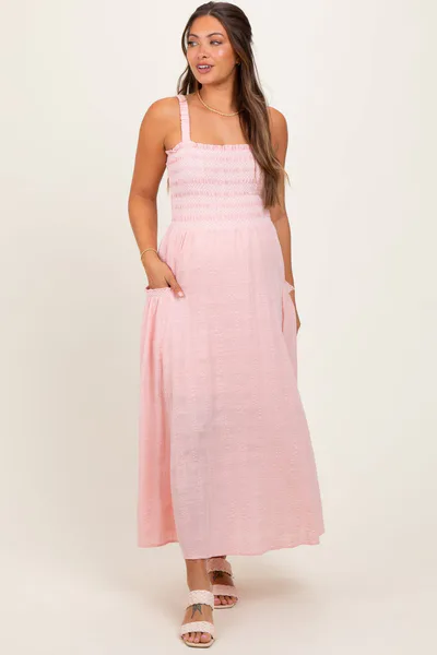 PinkBlush Light Pink Smocked Embroidered Bust Textured Maternity Midi Dress