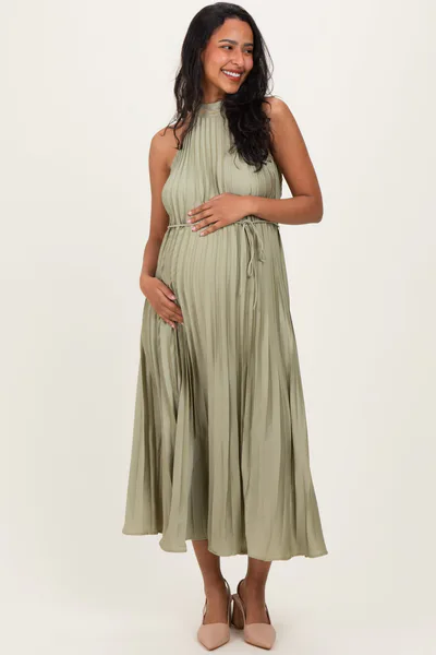 PinkBlush Light Olive Pleated Maternity Halter Dress