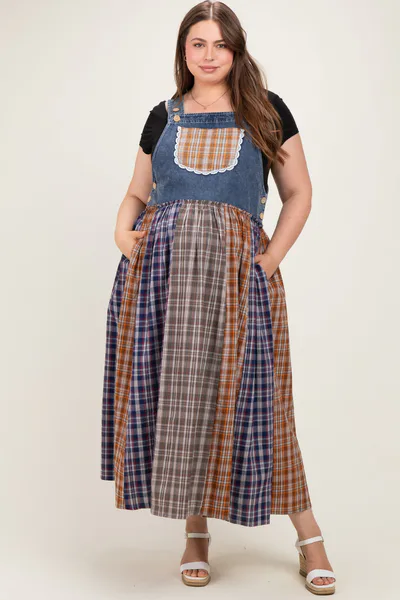 PinkBlush Washed Denim Mixed Plaid Maternity Plus Overall Dress