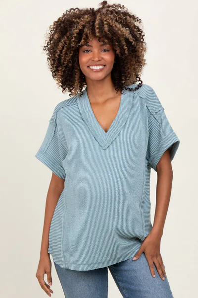 PinkBlush Blue Ribbed Raw Hem Maternity Short Sleeve Top