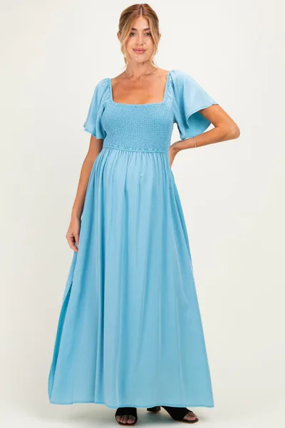 PinkBlush Milky Blue Chambray Smocked Maternity Maxi Dress