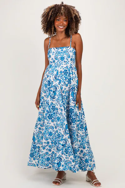PinkBlush Blue Floral Damask Maternity Maxi Dress