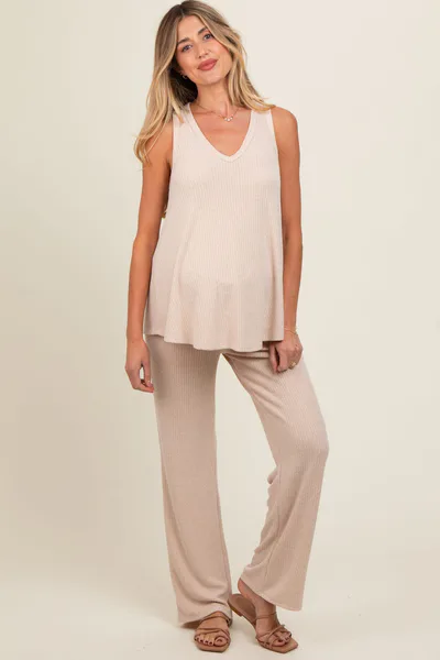 PinkBlush Beige Rib Knit Tank and Pant Maternity Set