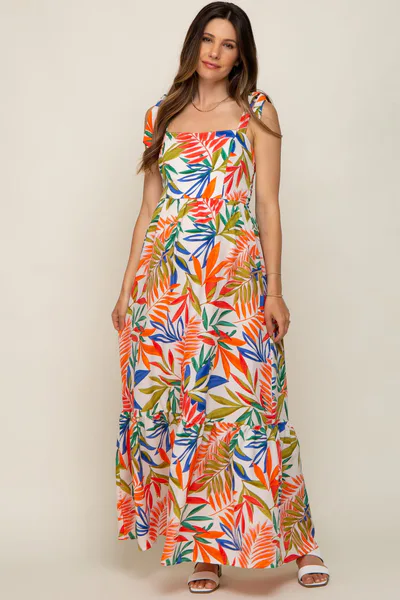 PinkBlush Orange Multi-Color Palm Print Shoulder Tie Maternity Maxi Dress