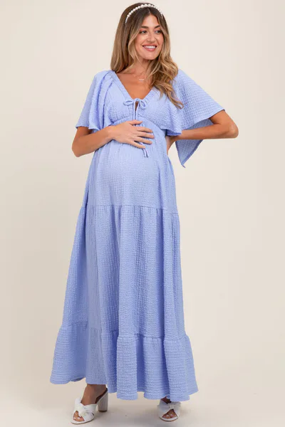 PinkBlush Light Blue Woven Textured Flutter Sleeve V-Neck Tiered Maternity Maxi Dress