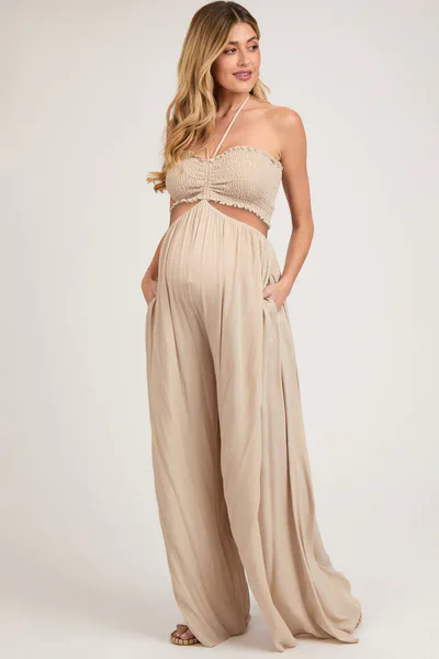 PinkBlush Cream Smocked Drawstring Halter Side Cutout Maternity Jumpsuit
