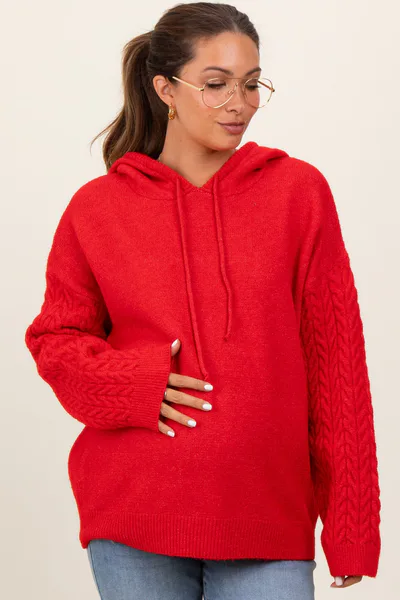 PinkBlush Red Mixed Knit Maternity Hooded Sweater