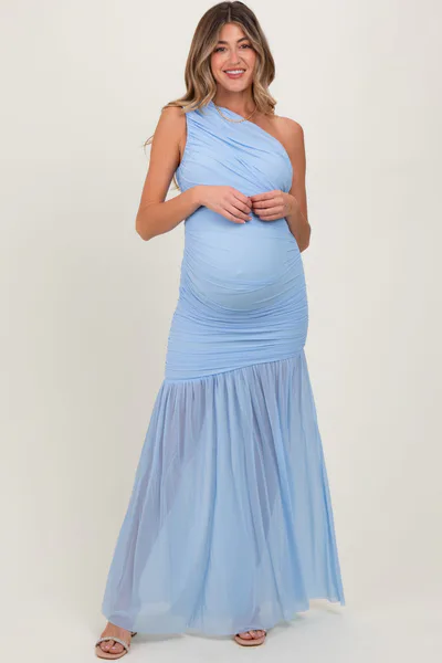 PinkBlush Light Blue Ruched Mesh One Shoulder Maternity Maxi Dress