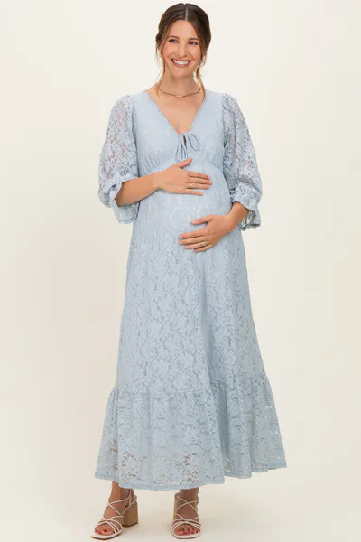 PinkBlush Light Blue Floral Lace 3/4 Ruffle Sleeve V-Neck Maternity Maxi Dress