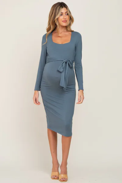 PinkBlush Blue Basic Square Neck Maternity Midi Dress