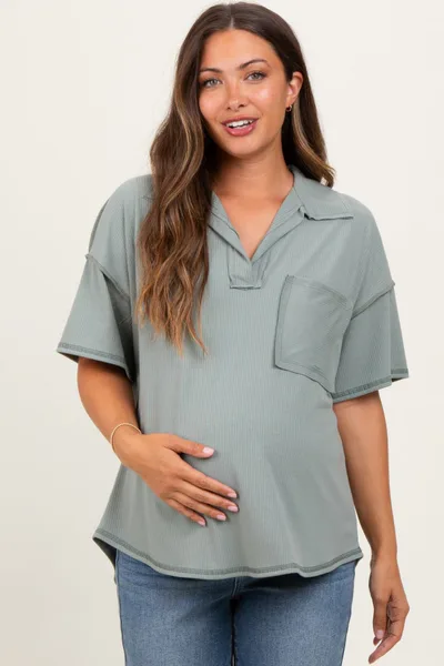 PinkBlush Olive Solid Ribbed Collar V-Neck Maternity Tunic Top