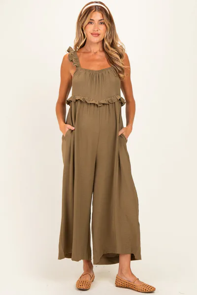 PinkBlush Olive Ruffle Strap Maternity Wide Leg Jumpsuit