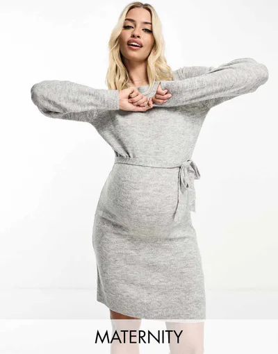 ASOS Mamalicious Maternity knit midi dress with belt in gray