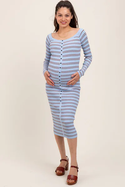 PinkBlush Light Blue Striped Ribbed Button Accent Off Shoulder Maternity Dress