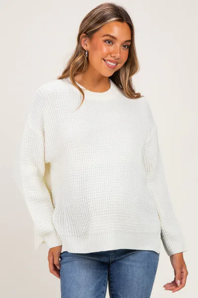 PinkBlush Ivory Waffle Knit Side Slit Maternity Sweater