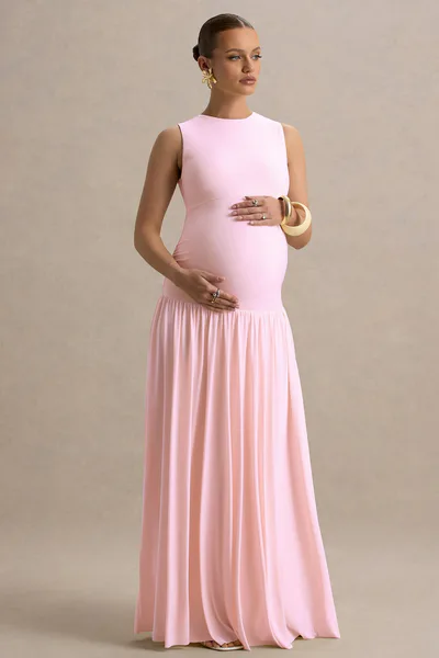 Club L London Outline | Light Pink Crew-Neck Maternity Maxi Dress With Pleated Skirt