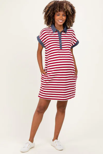 PinkBlush Burgundy/Cream Relaxed Fit Striped Polo Maternity Mini Dress