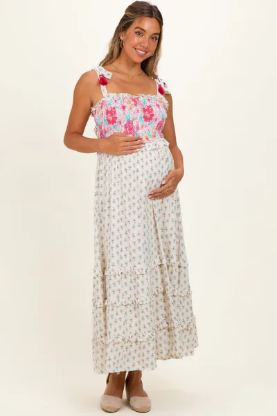 PinkBlush Off White Multi Floral Smocked Maternity Midi Dress