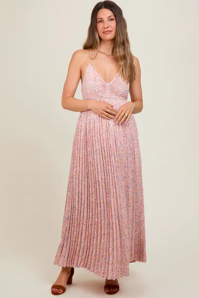 PinkBlush Light Pink Floral Pleated Back Cutout Maternity Maxi Dress