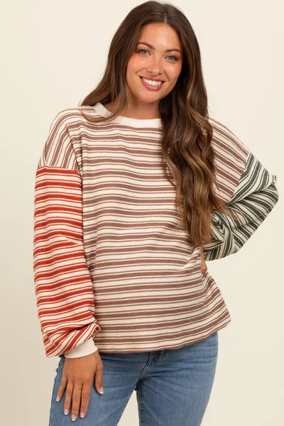 PinkBlush Brown Striped Colorblock Bubble Sleeve Maternity Top