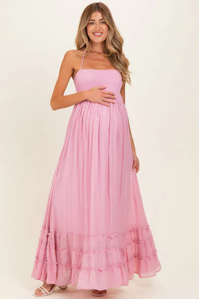 PinkBlush Light Pink Smocked Halter Open Back Maternity Maxi Dress