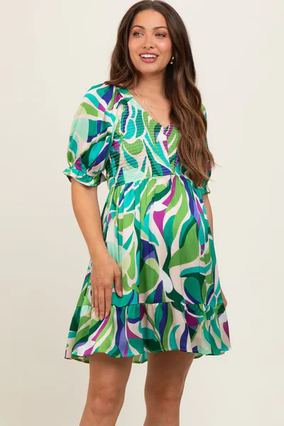 PinkBlush Emerald Green Abstract Print Smocked Maternity Dress