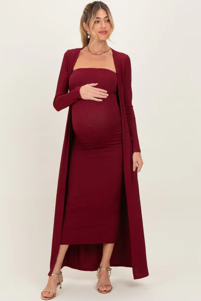 PinkBlush Burgundy Ribbed Sleeveless Dress Cardigan Maternity Set