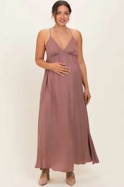 PinkBlush Mauve V-Neck Open Back Maternity Maxi Dress