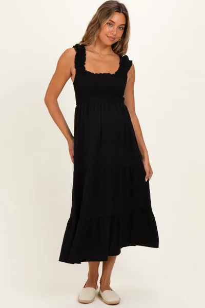 PinkBlush Black Smocked Tiered Ruffle Detail Maternity Dress
