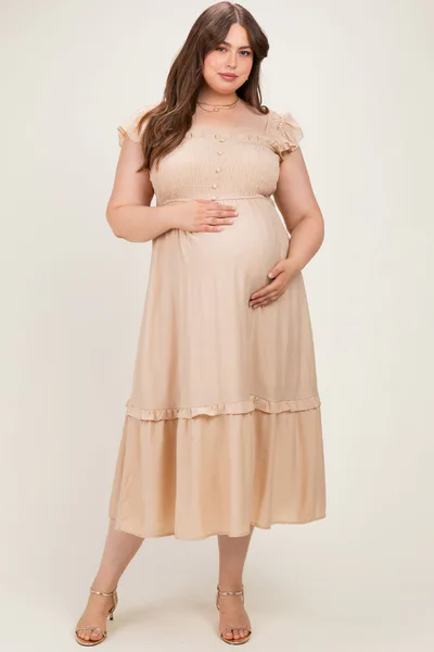 PinkBlush Khaki Button Accent Smocked Maternity Plus Midi Dress