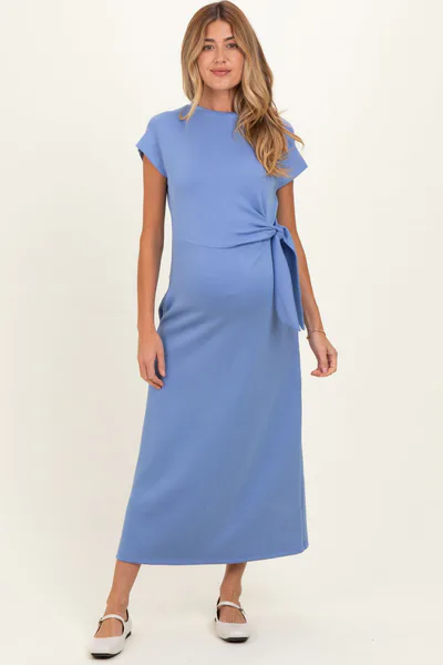 PinkBlush Blue Side Tie Short Sleeve Maternity Midi Dress