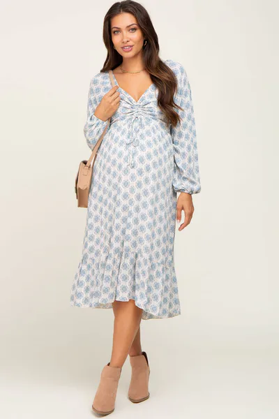 PinkBlush Blue Printed Cinched Maternity Midi Dress