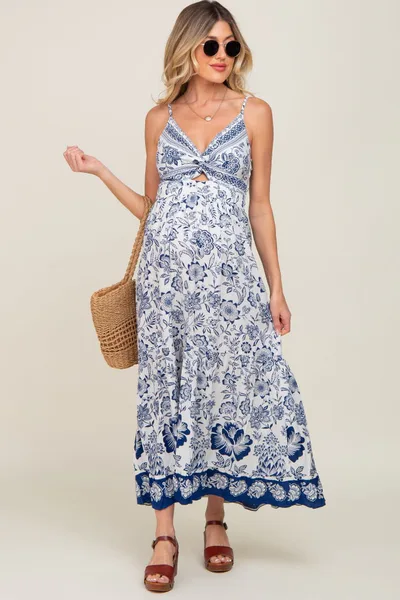 PinkBlush Navy Blue Floral Front Twist Maternity Maxi Dress