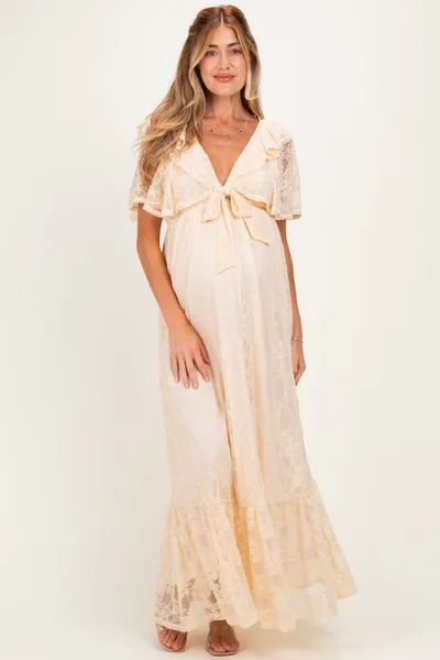 PinkBlush Beige Lace Flutter Sleeve Tiered Maternity Maxi Dress
