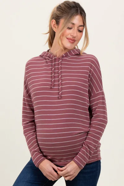 PinkBlush Mauve Striped Drawstring Hoodie Maternity Top