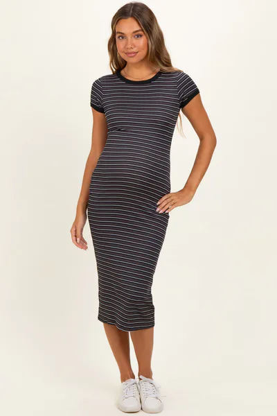 PinkBlush Nightshade Striped Solid Trim Maternity Midi Dress