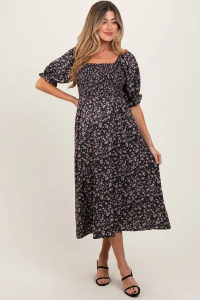PinkBlush Black Floral Smocked Puff Sleeve Maternity Midi Dress