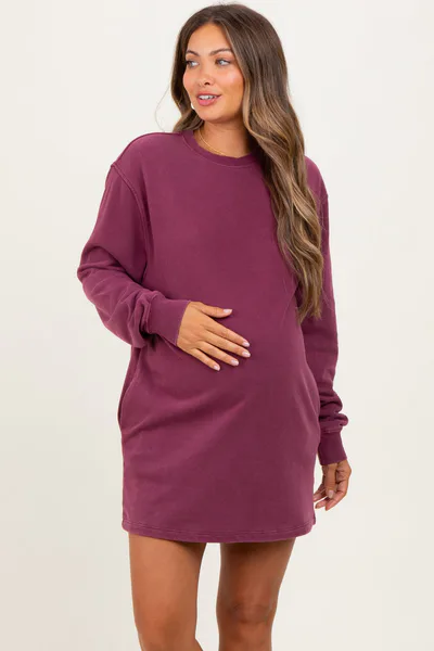 PinkBlush Burgundy Mineral Wash Oversized Maternity Sweatshirt Mini Dress