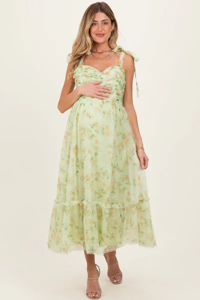 PinkBlush Lime Multi Floral Shirred Bodice Sleeveless Maternity Midi Dress
