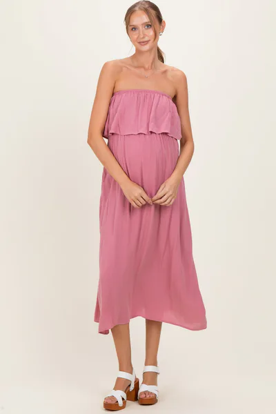 PinkBlush Light Rose Woven Crinkle Flounce Strapless Maternity Maxi Dress