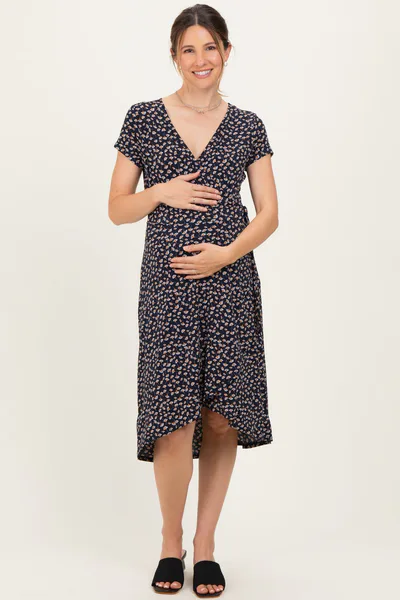 PinkBlush Navy Printed V-Neck Maternity Midi Wrap Dress